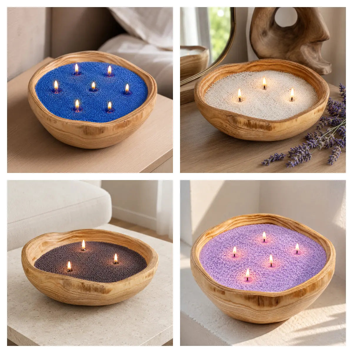 Round wooden candle vessel styled with blue, soft white, mocha brown, and lavender pearled candle wax.