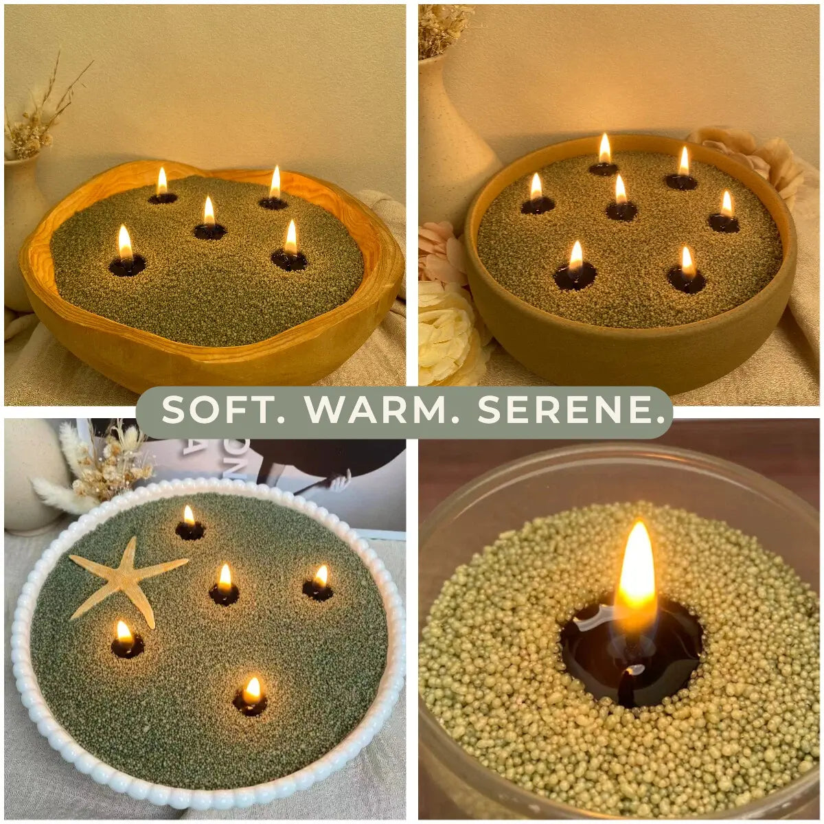Sage Green Pearled Candle Wax shown in soft warm lifestyle scenes with glowing flames, natural vessels, and close-up wax bead details.