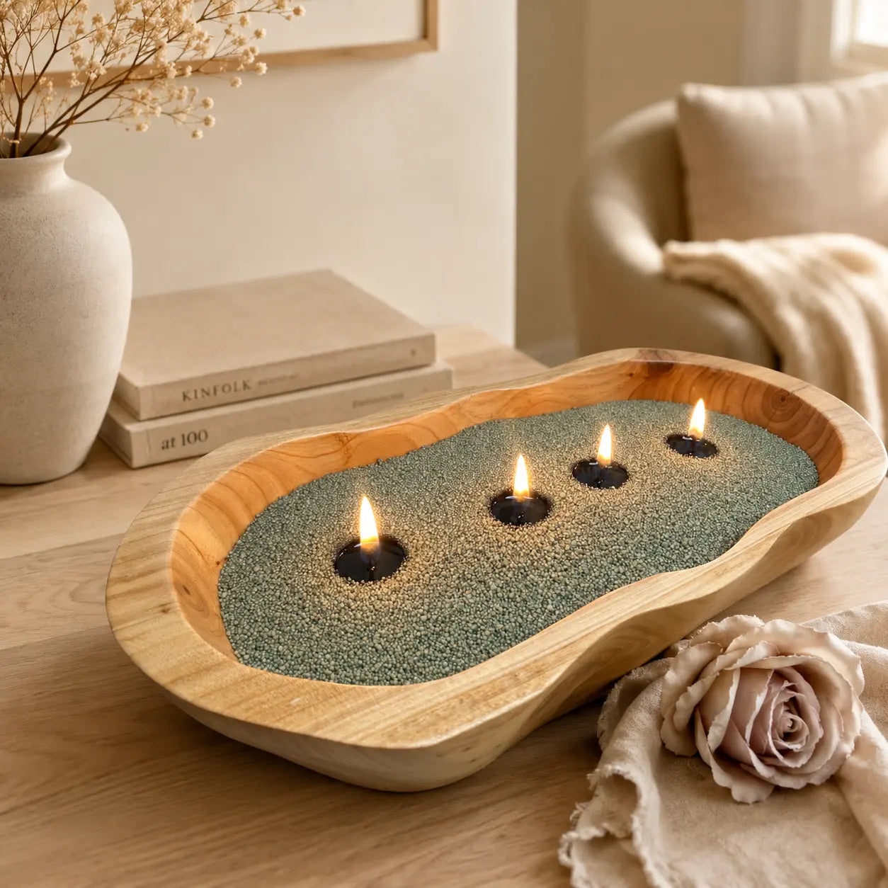 Sage Green Pearled Candle Wax styled in a calm Scandinavian home decor scene with glowing flames and a refillable candle vessel.