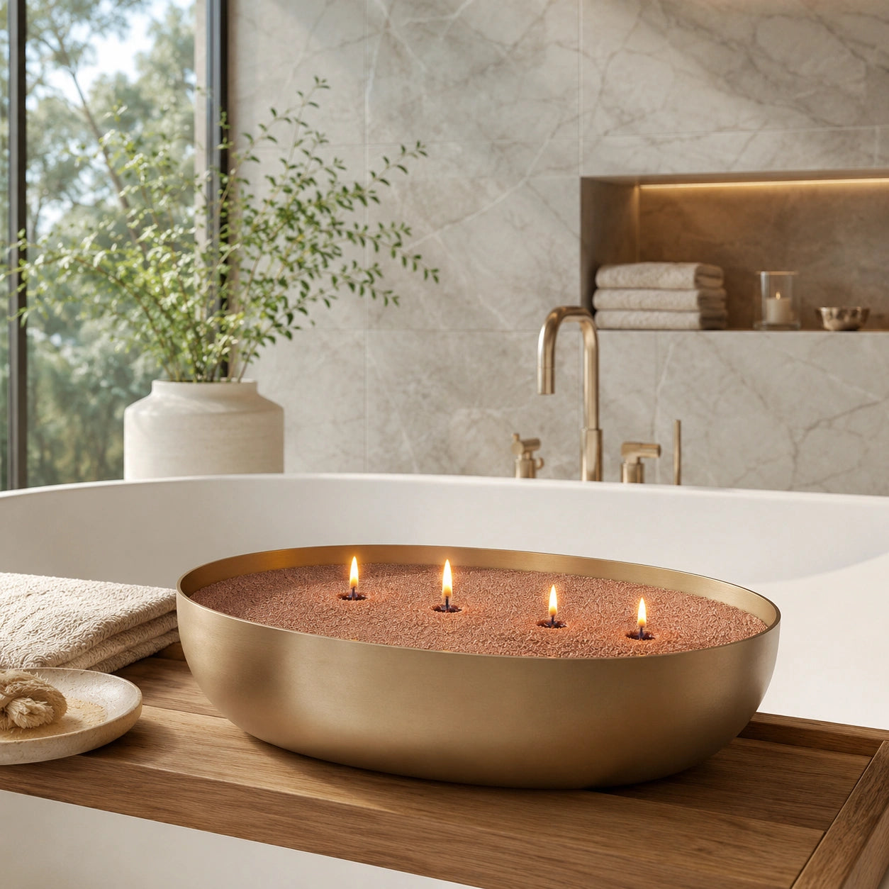 warm taupe pearled candle wax displayed in a warm home vessel scene